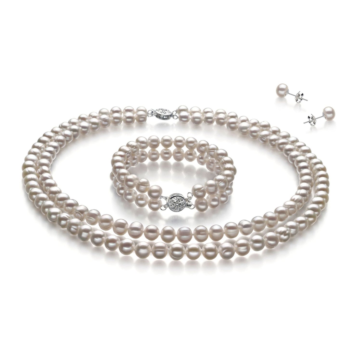 White Freshwater Pearl Necklace Bracelet Earrings Set with 925 Silver Accessories Double Row Pearl Jewelry Wholesale