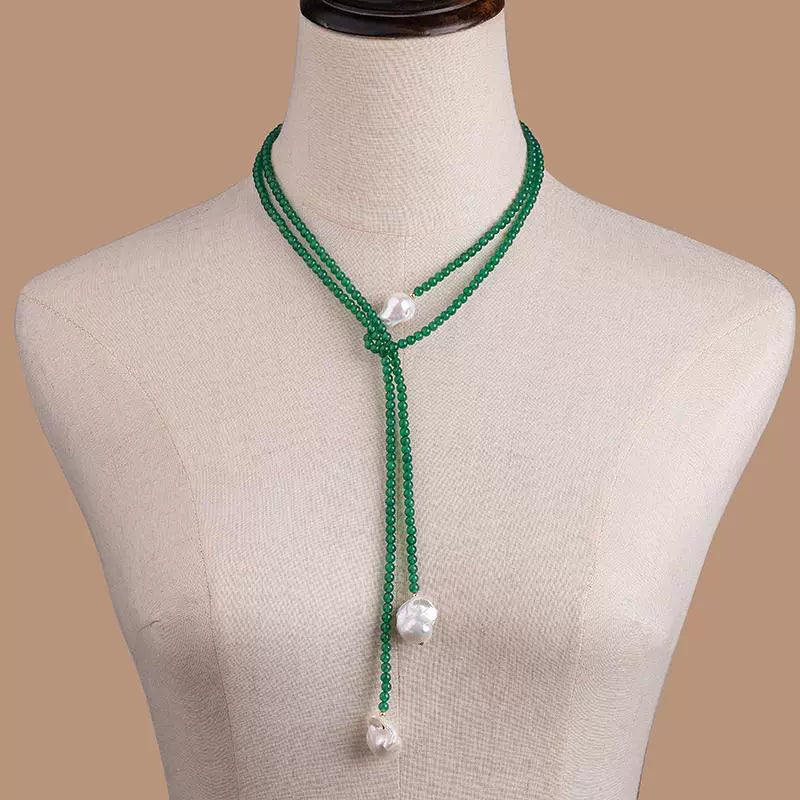Natural freshwater baroque pearl necklace INS green agate long sweater chain niche design XL140