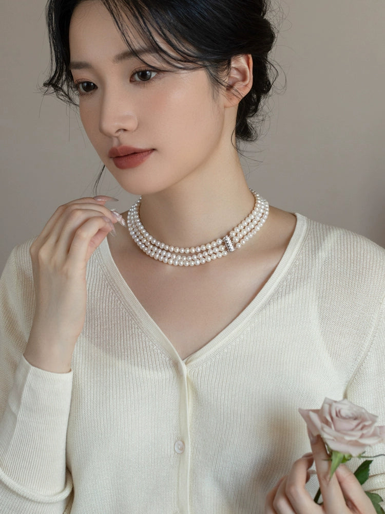 three-layer natural pearl cheongsam necklace multi-layer versatile 925 silver retro