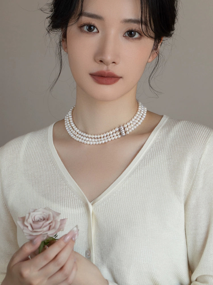three-layer natural pearl cheongsam necklace multi-layer versatile 925 silver retro