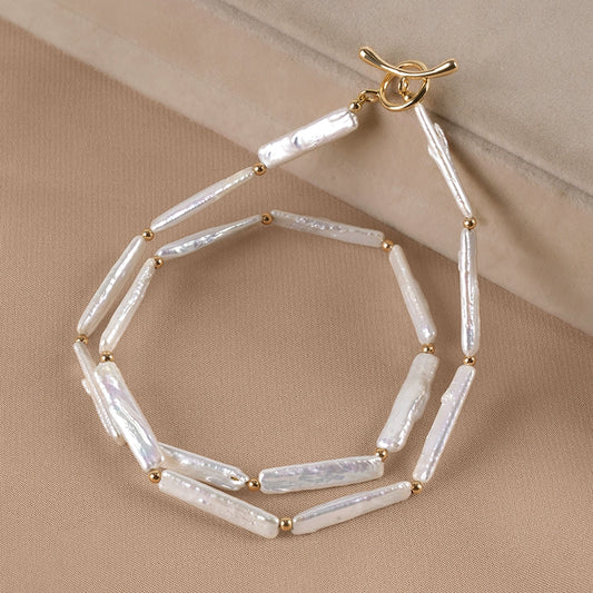 Natural freshwater pearl necklace strong light women's collarbone chain small silver bar baroque light luxury XL071