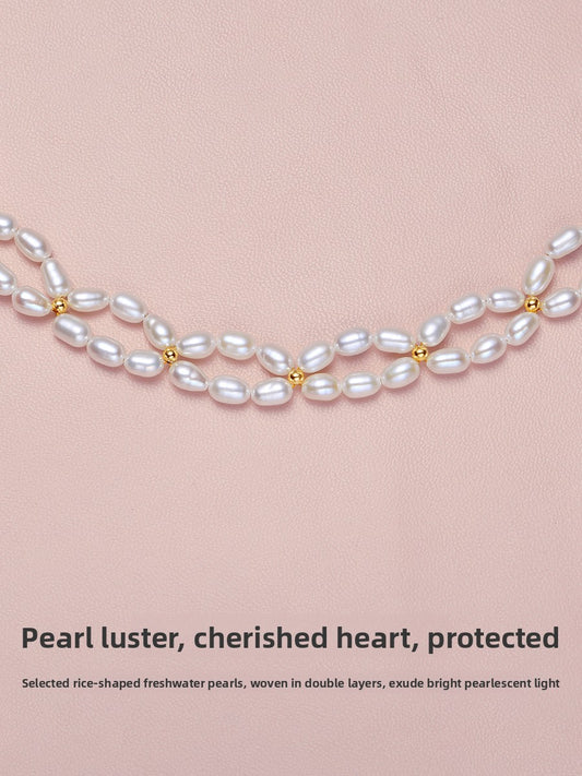 Pearl necklace 2025 new popular genuine women's natural freshwater double-layer rice bead French dress