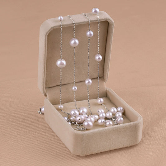 Natural Freshwater Pearl Necklace Round Bead Gypsy 925 Sterling Silver Long Fashion Sweater Chain XL099