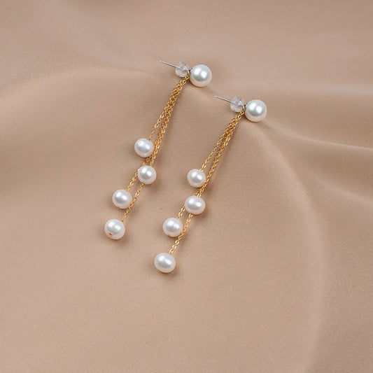 Sterling Silver Ear Needle Removable Natural Pearl Tassel Earrings 14K Gold Injection Ear Line Earrings Round Beads