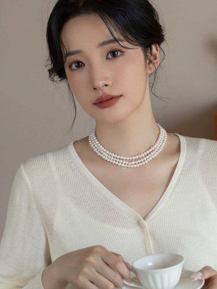 three-layer natural pearl cheongsam necklace multi-layer versatile 925 silver retro