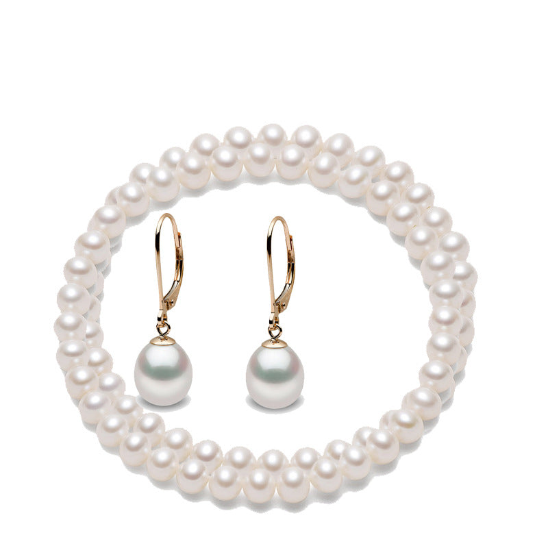 White Freshwater Pearl Necklace Bracelet Earrings Set with 925 Silver Accessories Double Row Pearl Jewelry Wholesale