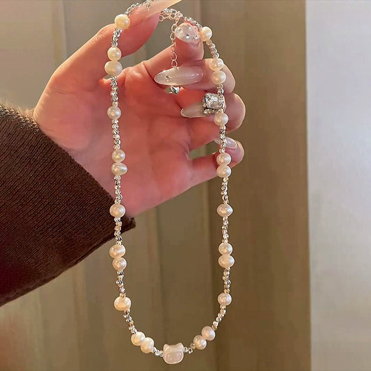 Natural Pearl Necklace Women's Delicate Fritillary Kitten Beaded Design