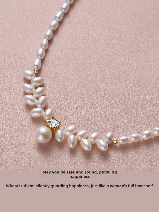 Pearl necklace 2025 new popular natural freshwater rice grain beads wheat ears Princess Diana beaded sweater chain chain chain