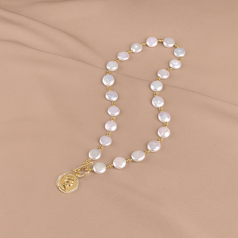 Natural Baroque Pearl Necklace Round Brand Coin Short Pendant European and American Sweater Chain Women's XL003