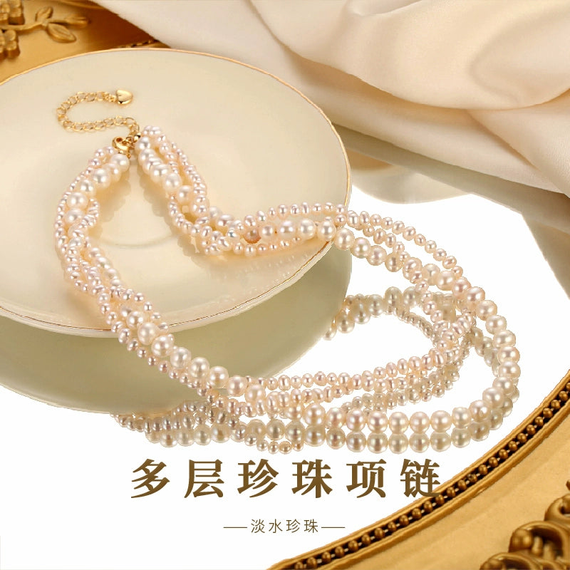 Multi-layer Twist Pearl Necklace Women's Natural Freshwater French Vintage Short Sweater Chain