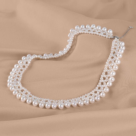Natural freshwater pearl necklace hand-woven multi-layer near-round strong light 925 silver buckle short URL XL058