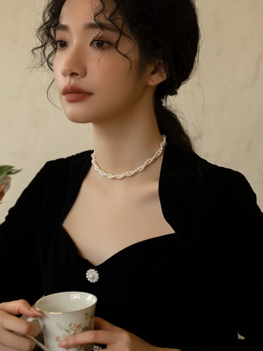 Natural freshwater pearl necklace women's chain choker retro double stacked women