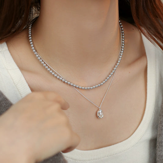 Double-layer stacked round pearl necklace women's simple fashion S925 sterling silver
