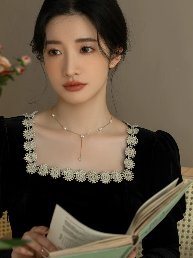 Pearl Necklace Vintage Y-Shaped Chain Handmade Baroque Shredded Silver Pearl Necklace