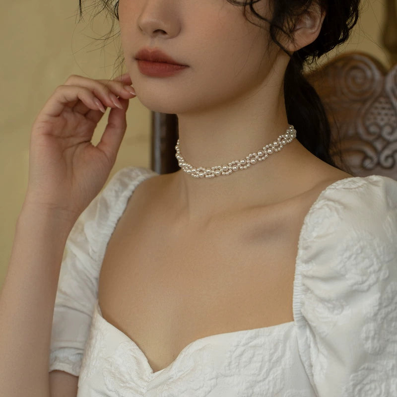 Handwoven Pearl Necklace Chain Choker Girls