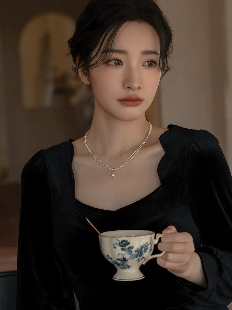 Double Applied Pearl Necklace Women's Autumn and Winter Chain