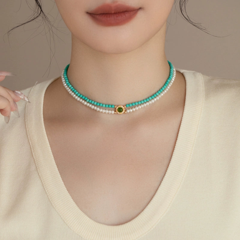 Double Stacked Pearl Necklace 2024 New 925 Silver Artificial Turquoise