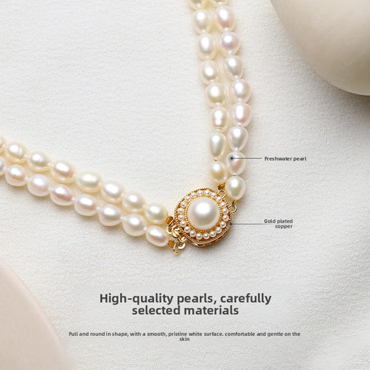 Double pearl necklace collarbone ladies rice grain freshwater beads elegant retro sweater chain 2025 new lettering