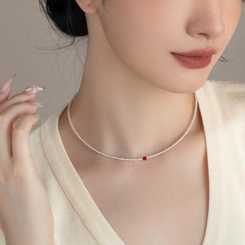 Pearl Necklace Burgundy Crystal Small and Extremely Fine Chain Women's Simple and Versatile Design