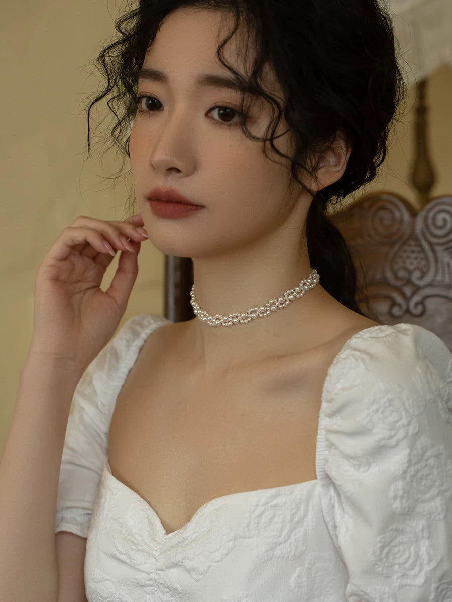 Handwoven Pearl Necklace Chain Choker Girls