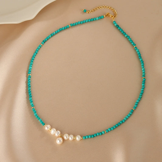 New Chinese Turquoise Necklace Women's French Design Natural Pearl Pendant