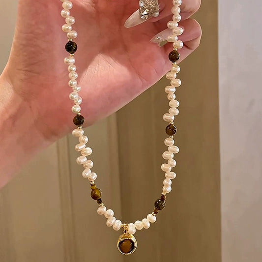 Mr. He Natural Pearl Necklace Earrings Set Ladies Design Tiger's Eye Premium