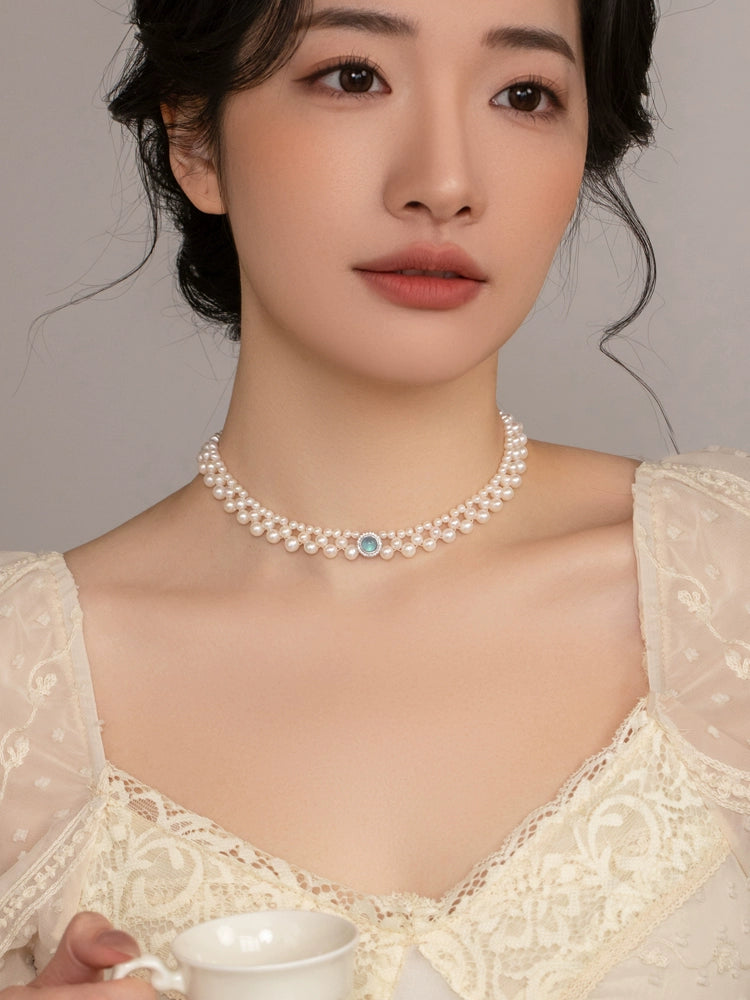 Freshwater Pearl Necklace Women's Design Aquamarine Chain