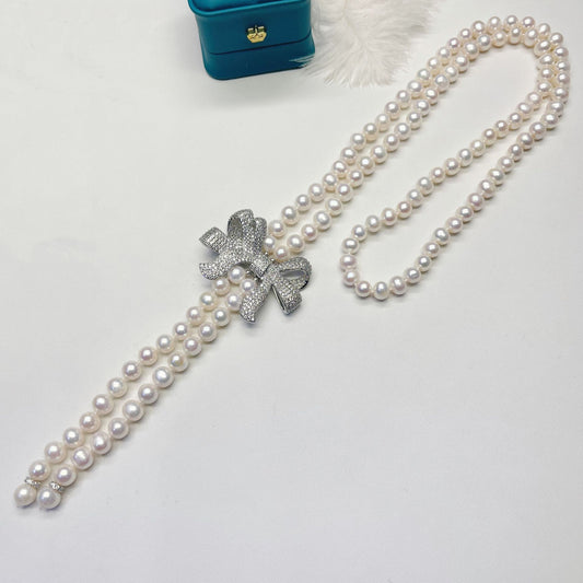 micro-inlaid stone necklace bow freshwater pearl sweater chain long necklace