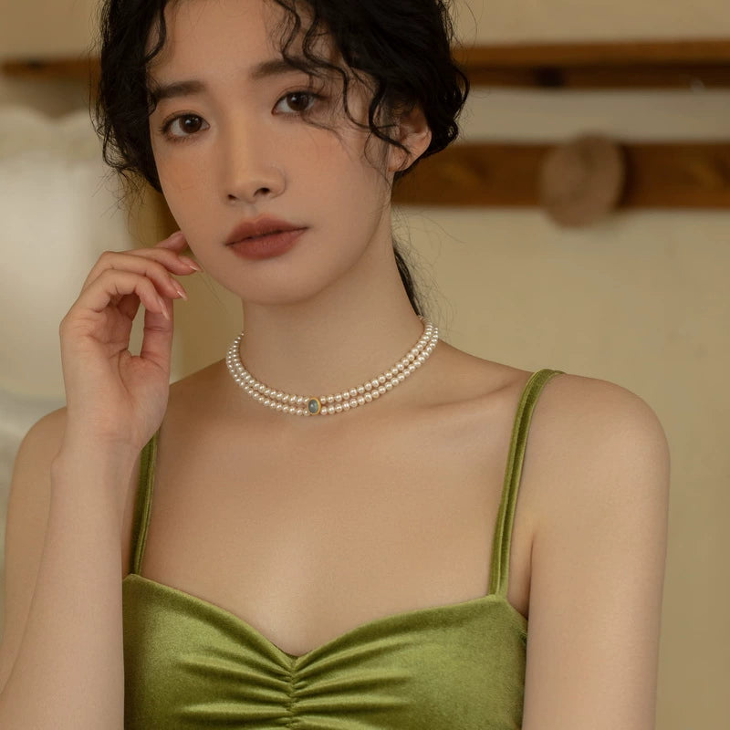 Freshwater Pearl Necklace Double Vintage Design Choker Chain Girl