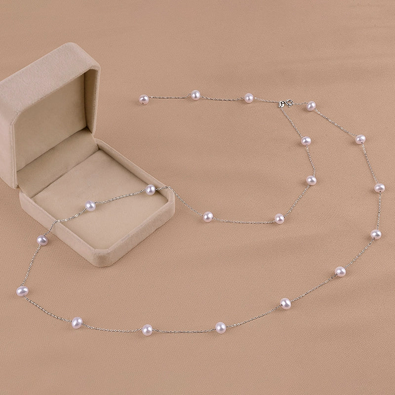 Natural Freshwater Pearl Necklace Round Bead Gypsy 925 Sterling Silver Long Fashion Sweater Chain XL099