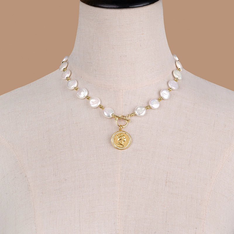 Natural Baroque Pearl Necklace Round Brand Coin Short Pendant European and American Sweater Chain Women's XL003