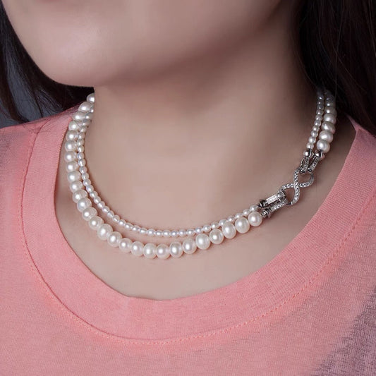 Natural freshwater strong light nearly round rice beads double-layer pearl necklace multi-stacked wear autumn and winter long sweater chain