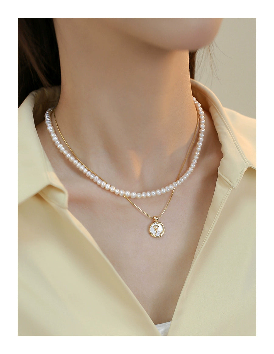 Double stacked natural freshwater pearl necklace female niche design rose pendant neck chain light luxury collarbone chain