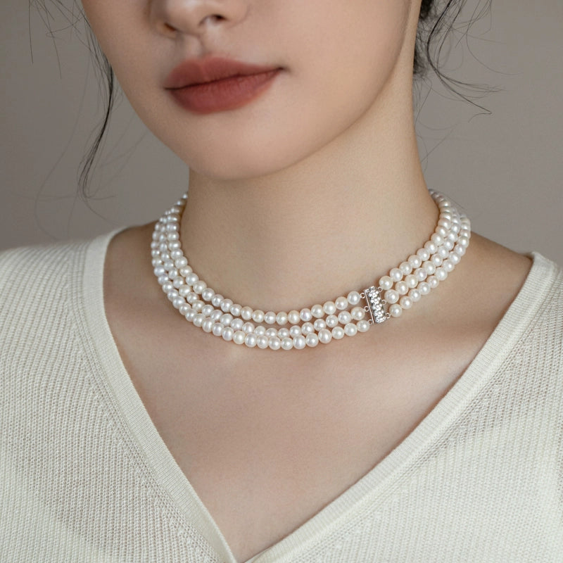 three-layer natural pearl cheongsam necklace multi-layer versatile 925 silver retro