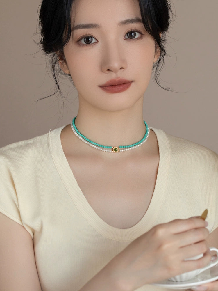 Double Stacked Pearl Necklace 2024 New 925 Silver Artificial Turquoise