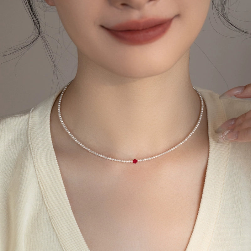 Pearl Necklace Burgundy Crystal Small and Extremely Fine Chain Women's Simple and Versatile Design