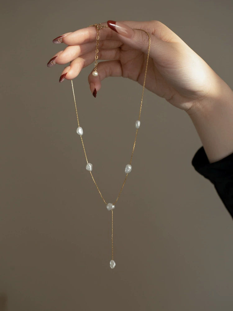 Pearl Necklace Vintage Y-Shaped Chain Handmade Baroque Shredded Silver Pearl Necklace