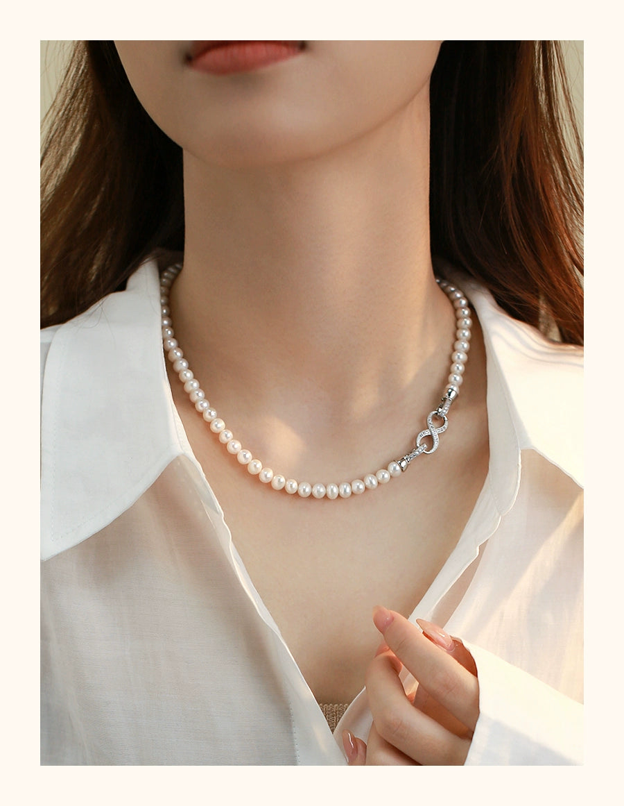 Natural freshwater pearl necklace women's 8-character buckle light luxury high-end sweater chain new popular temperament neck chain