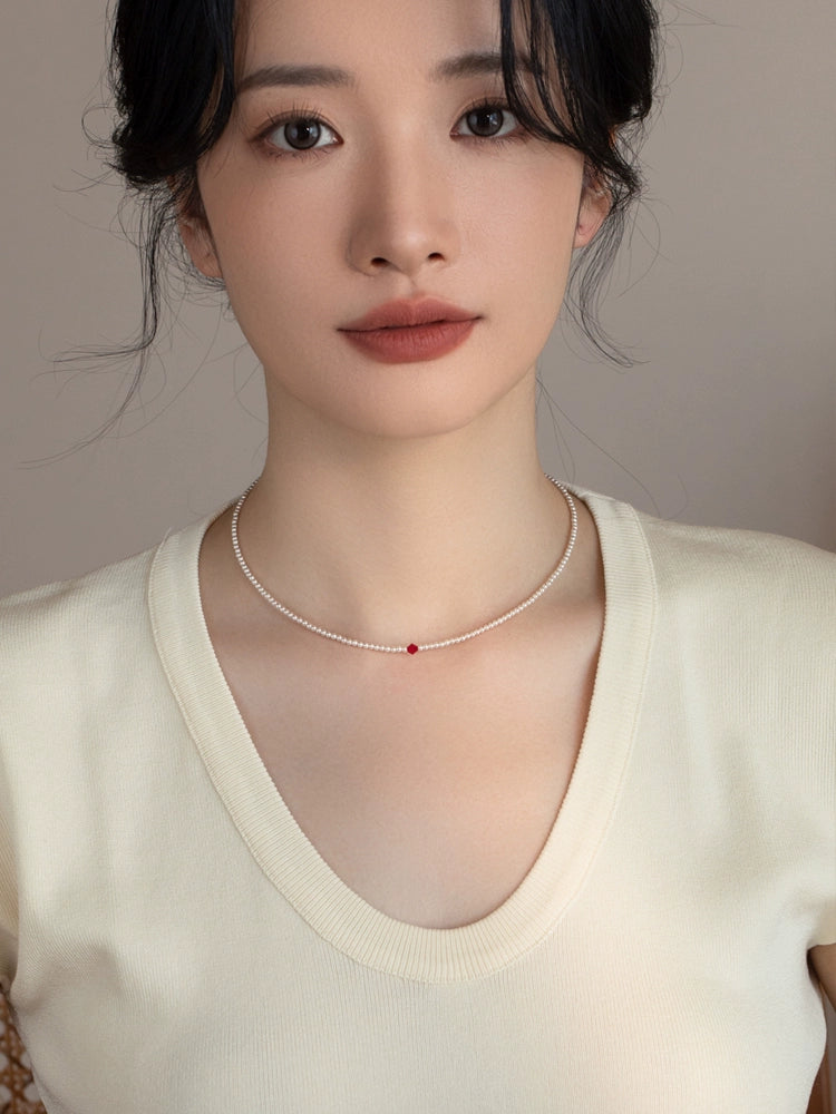 Pearl Necklace Burgundy Crystal Small and Extremely Fine Chain Women's Simple and Versatile Design