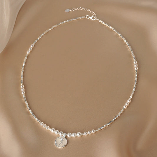 Natural Pearl Necklace Ladies S925 Silver Premium Drop Glaze Rose Flower Pendant