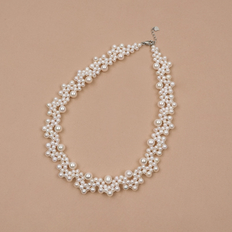 Natural pearl necklace handwoven round beads Internet celebrity lace style petal collarbone chain XL024