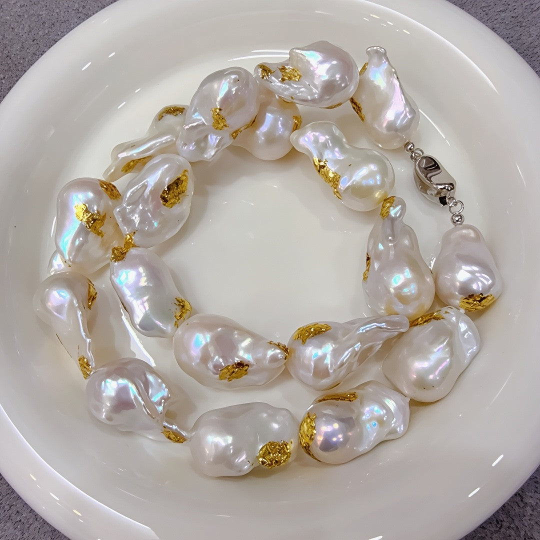 Natural special-shaped fishtail large baroque pearl necklace gold foil handicraft large pearl plain chain women
