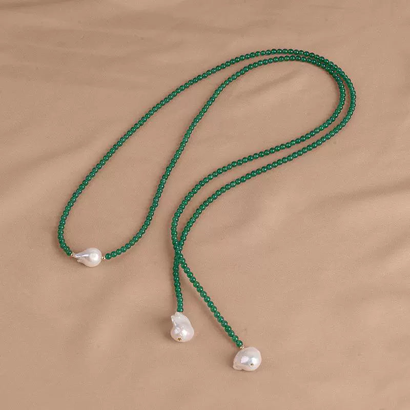 Natural freshwater baroque pearl necklace INS green agate long sweater chain niche design XL140