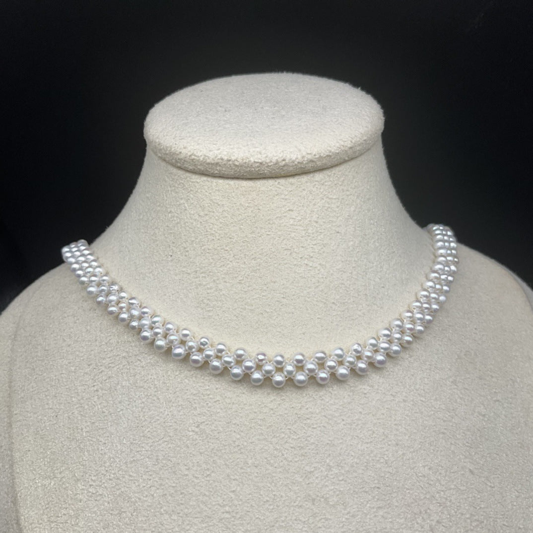 3-4Mm freshwater millet bead braided chain hand-woven three-row positive circle strong light collarbone chain factory direct sales