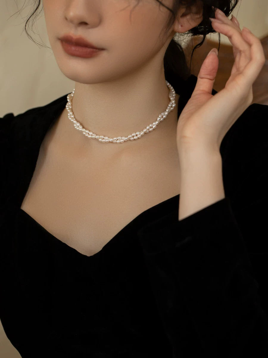 Natural freshwater pearl necklace women's chain choker retro double stacked women