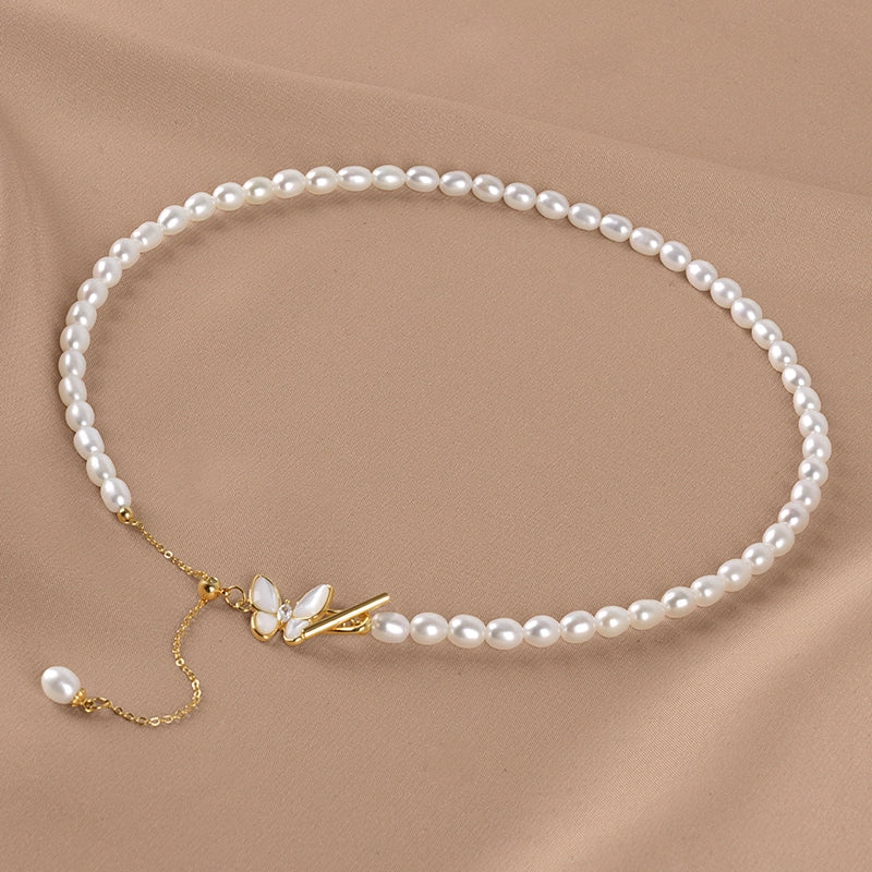 Natural freshwater pearl necklace bow buckle rice beads ins fringed temperament collarbone chain XL062