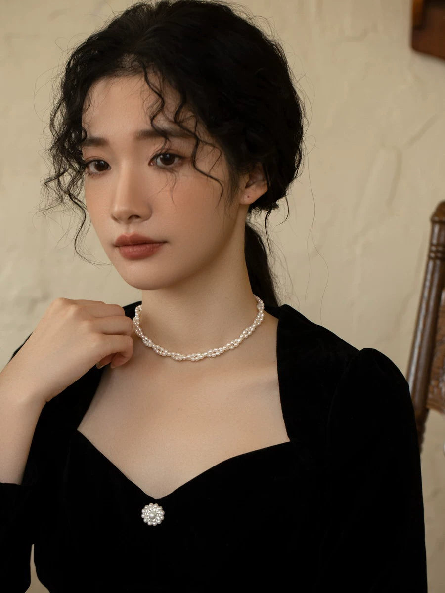 Natural freshwater pearl necklace women's chain choker retro double stacked women