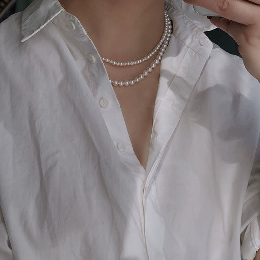 Double-layered natural seedless freshwater pearl collarbone beaded necklace