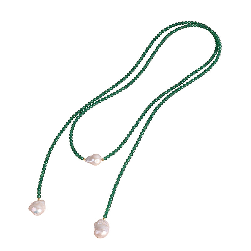 Natural freshwater baroque pearl necklace INS green agate long sweater chain niche design XL140