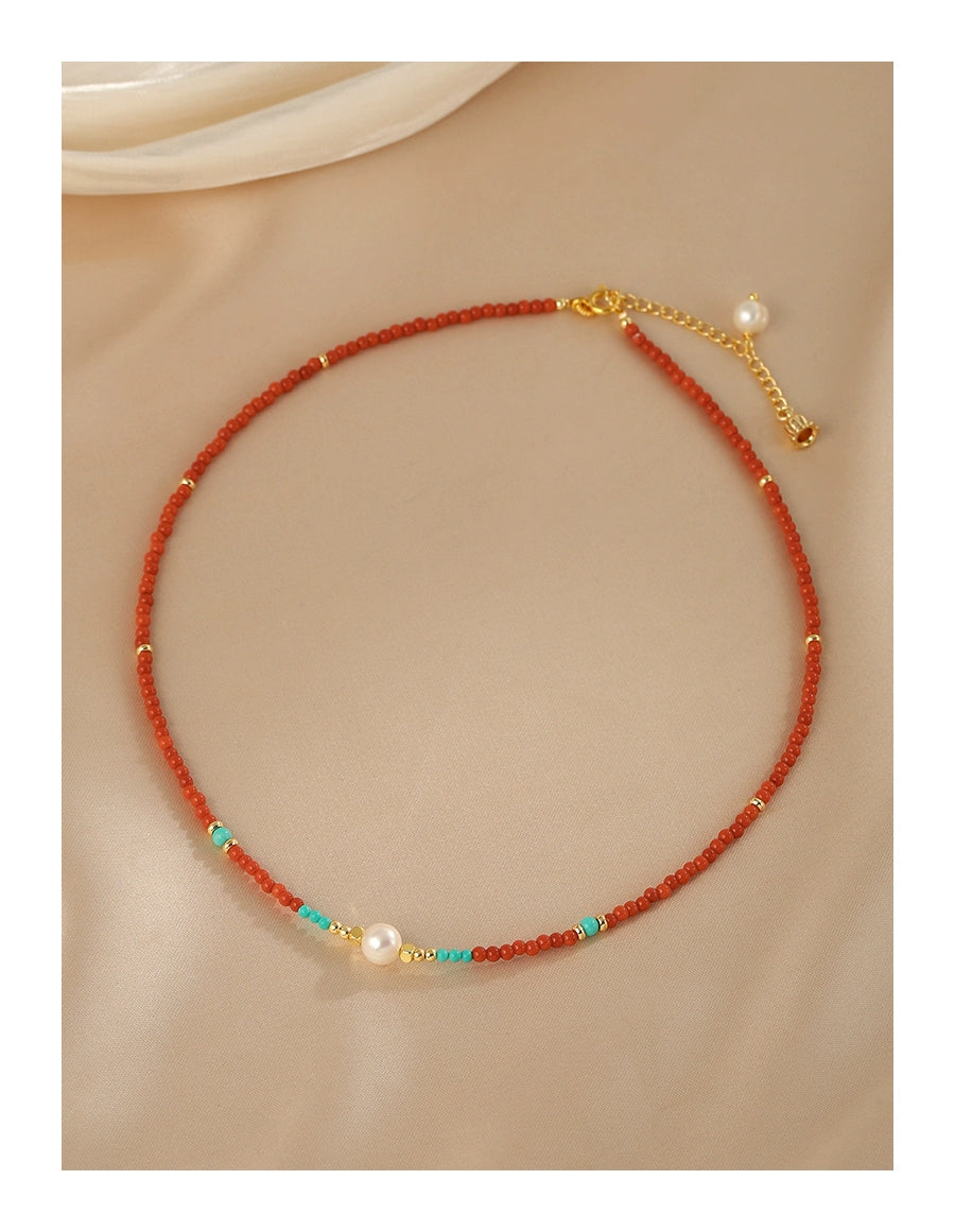 Agate necklace French retro natural pearl neck chain high-end turquoise beaded collarbone chain